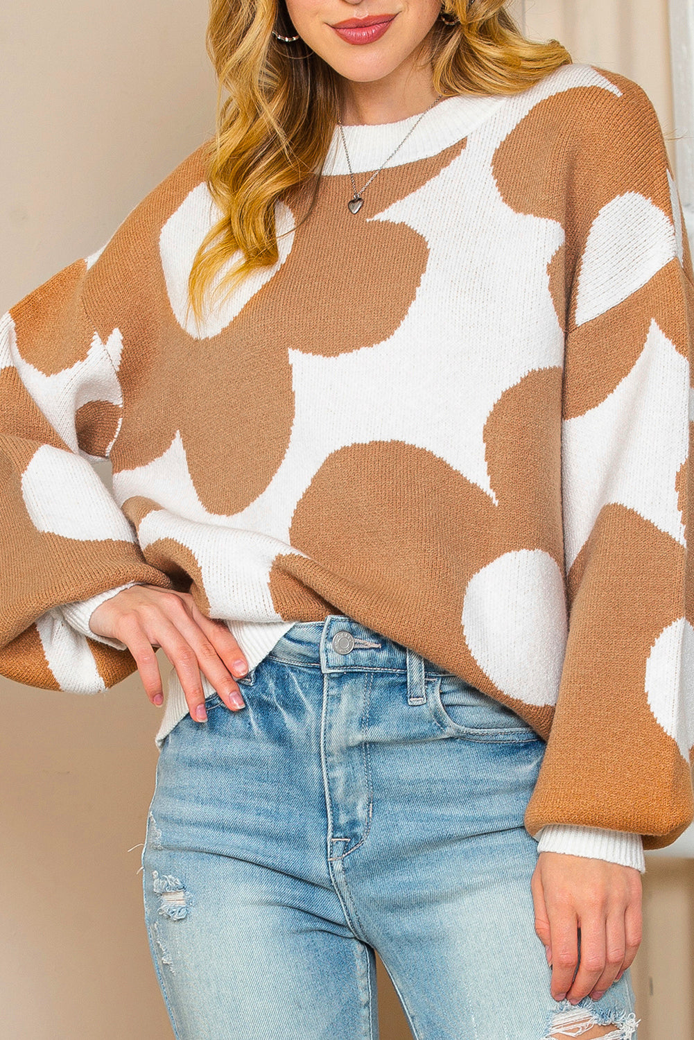 Khaki 60s Floral Pattern Ribbed Trim Pullover Sweater