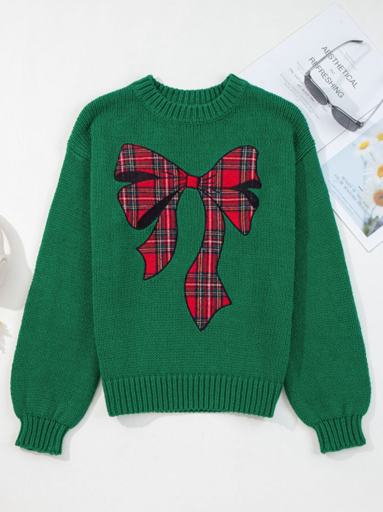 Evergreen Plaid Bow Design Christmas Sweater - Long Sleeve Casual Style  Winter & Christmas Day Women's Knitwear Tops Pullover Womenswear