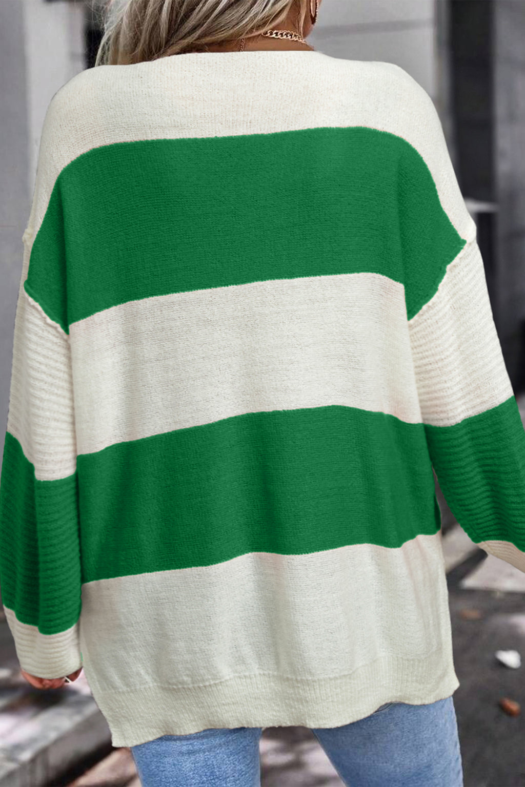 Orange Stripe Loose Color Block Drop Shoulder Bubble Sleeve Sweater