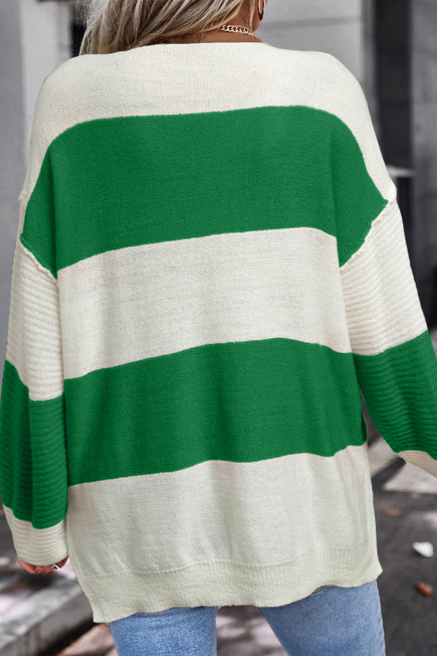 Orange Stripe Loose Color Block Drop Shoulder Bubble Sleeve Sweater
