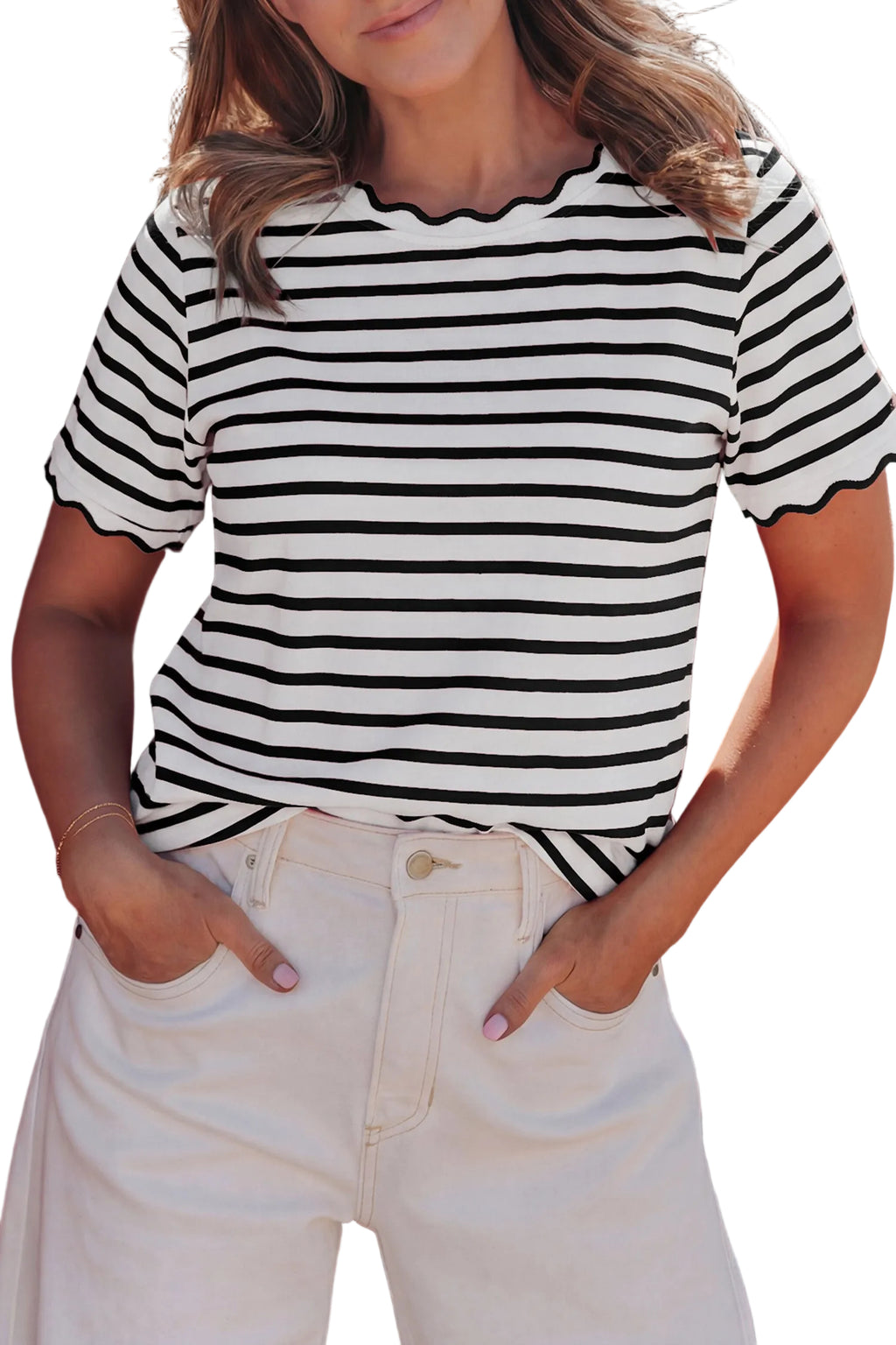 Black Stripe Scalloped Trim Round Neck T Shirt