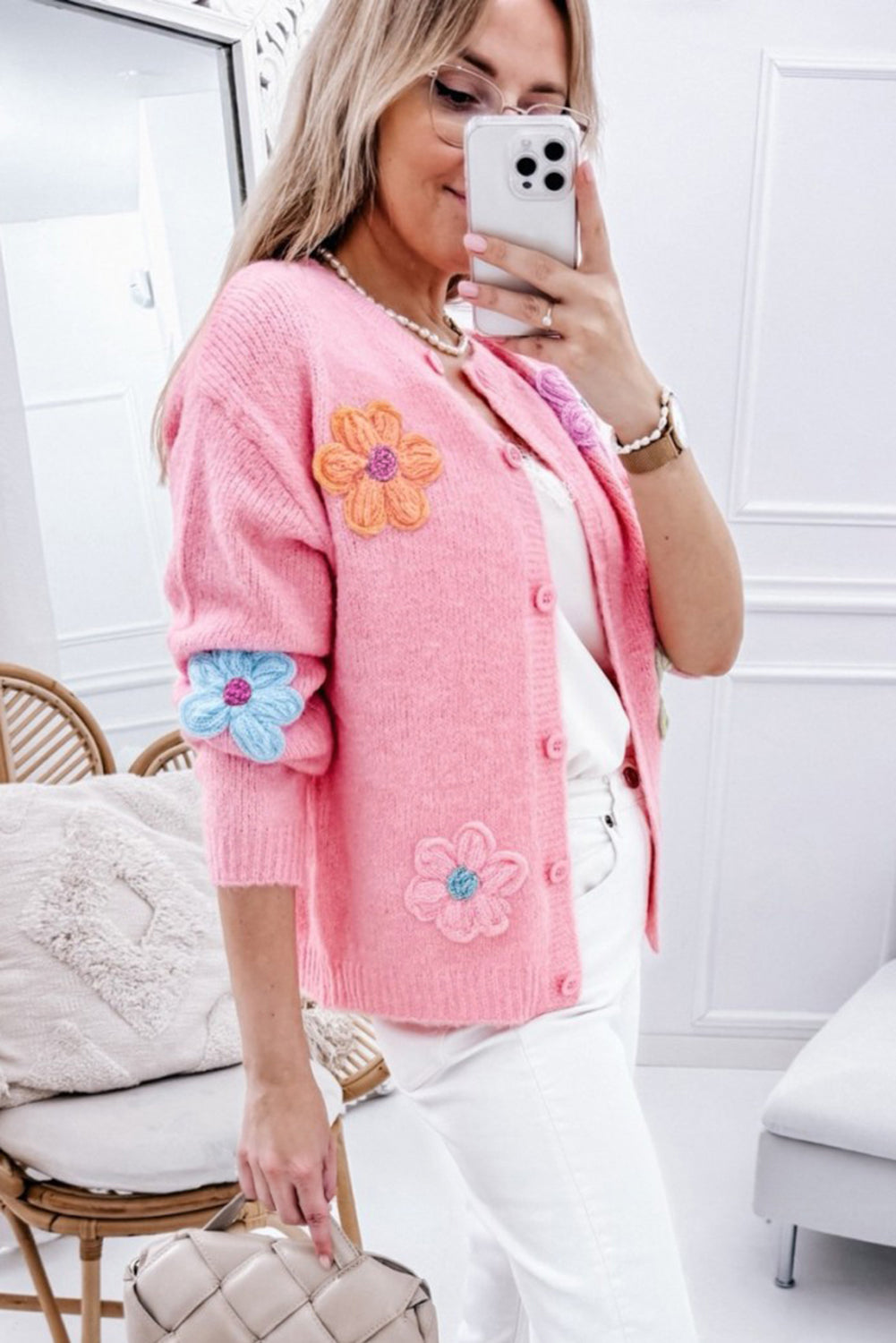 Pink Cute Flower Pattern Button-Up Cardigan