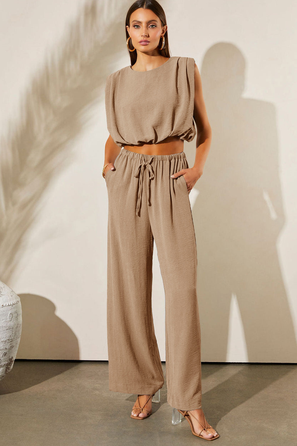 Pale Khaki Solid Color Keyhole Puffy Tank Drawstring Loose Pants 2pcs Outfit