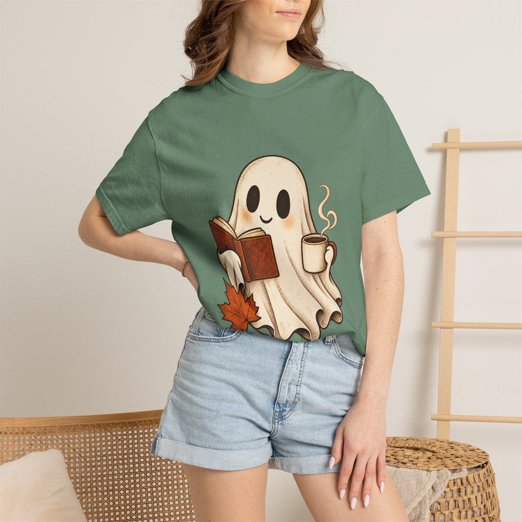 Antrezil Cozy Reading Ghost Illustration T-shirt | Autumn Book Coffee,