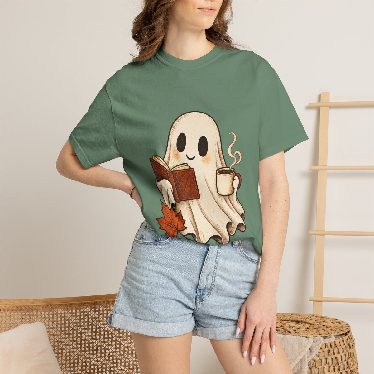 Antrezil Cozy Reading Ghost Illustration T-shirt | Autumn Book Coffee,