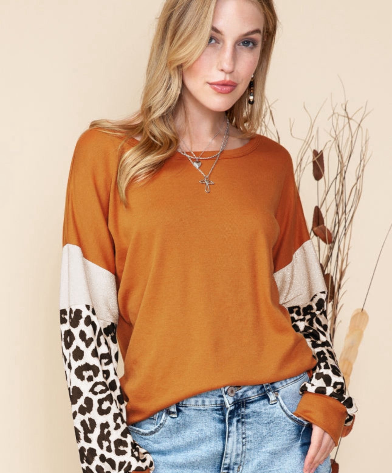 Brown Leopard and Glitter Patchwork Long Sleeve Top Womenswear Blouse Casual Daily Wear