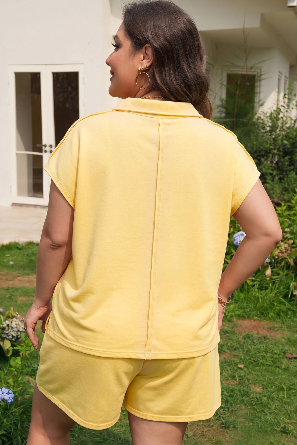Yellow Cream Solid Color Polo Tee Elastic Waist Shorts Plus Size Outfit