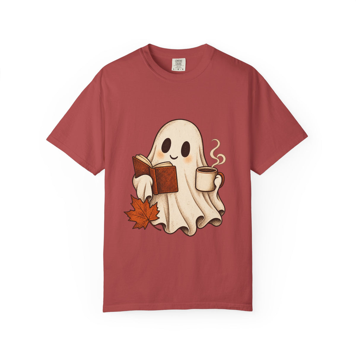 Antrezil Cozy Reading Ghost Illustration T-shirt | Autumn Book Coffee,
