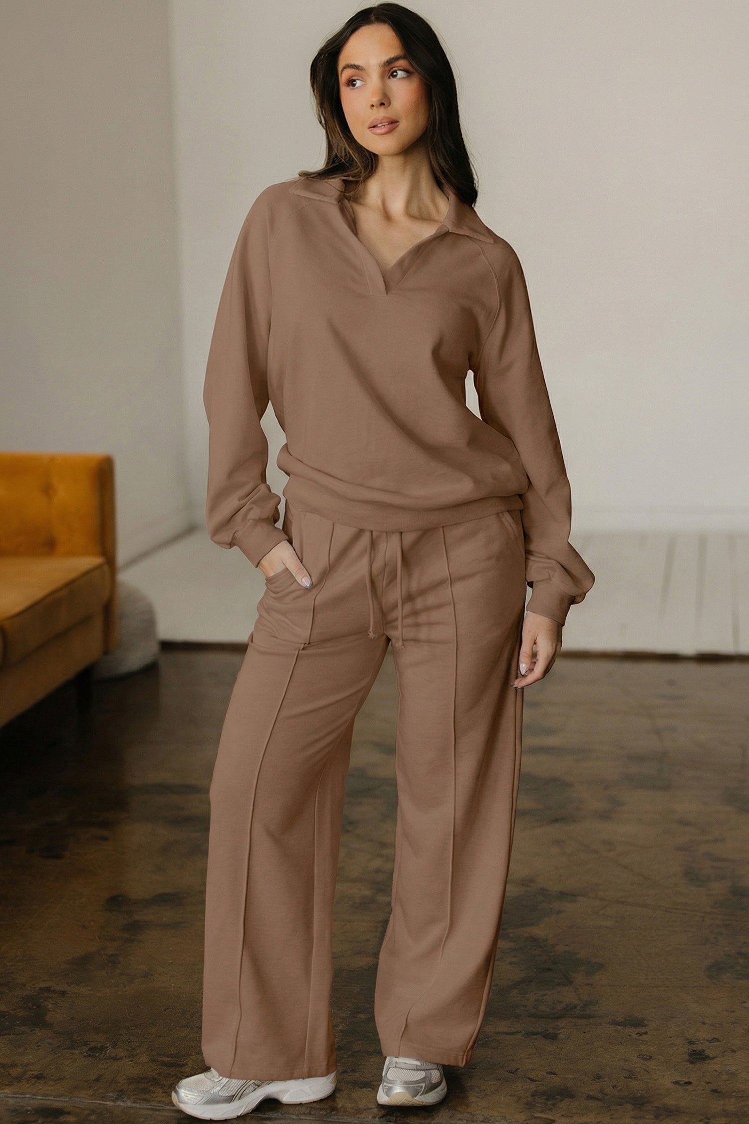 Dark Khaki Polo Collar V Neck Pullover and Drawstring Sweatpants Set