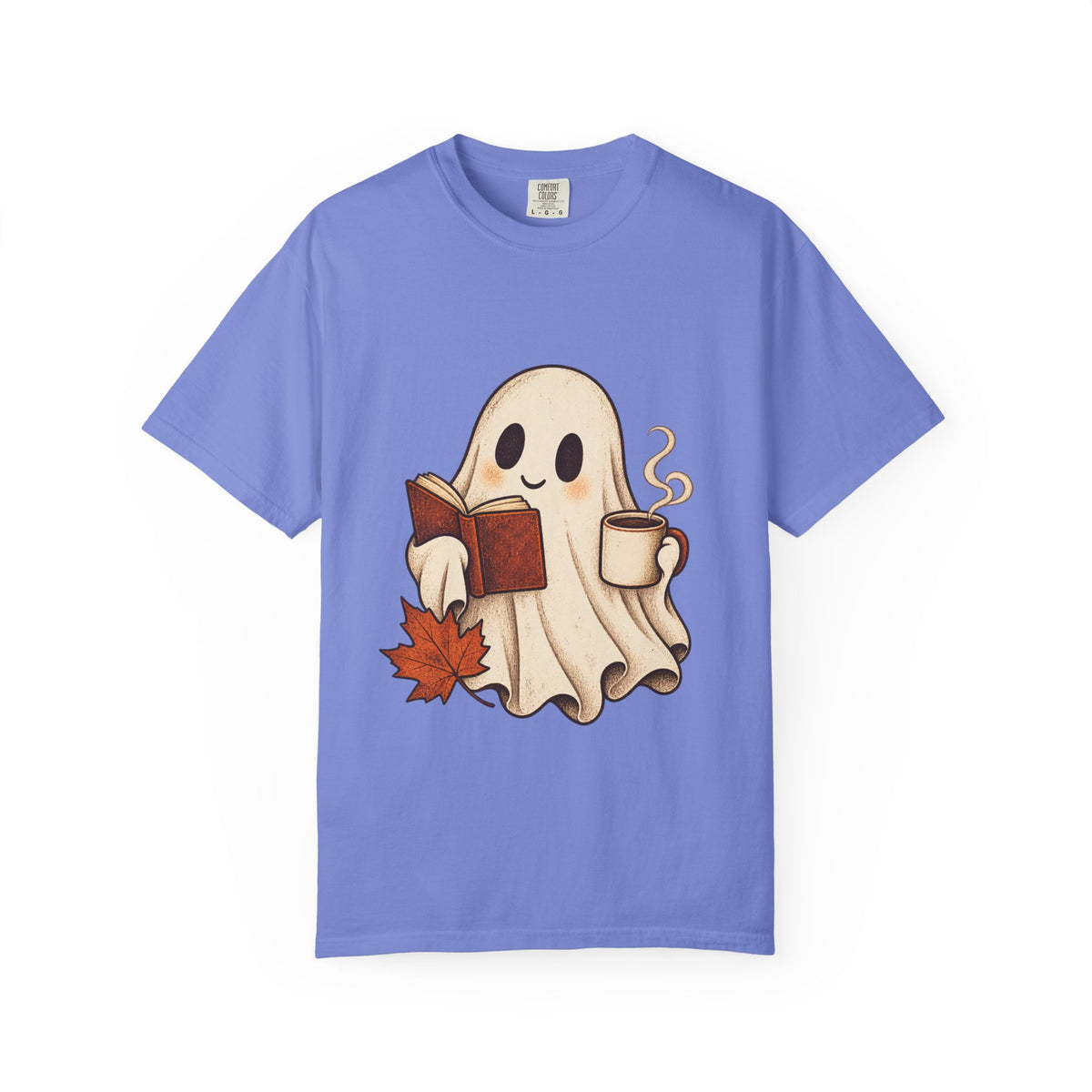 Antrezil Cozy Reading Ghost Illustration T-shirt | Autumn Book Coffee,