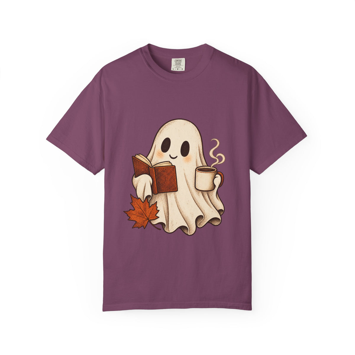 Antrezil Cozy Reading Ghost Illustration T-shirt | Autumn Book Coffee,