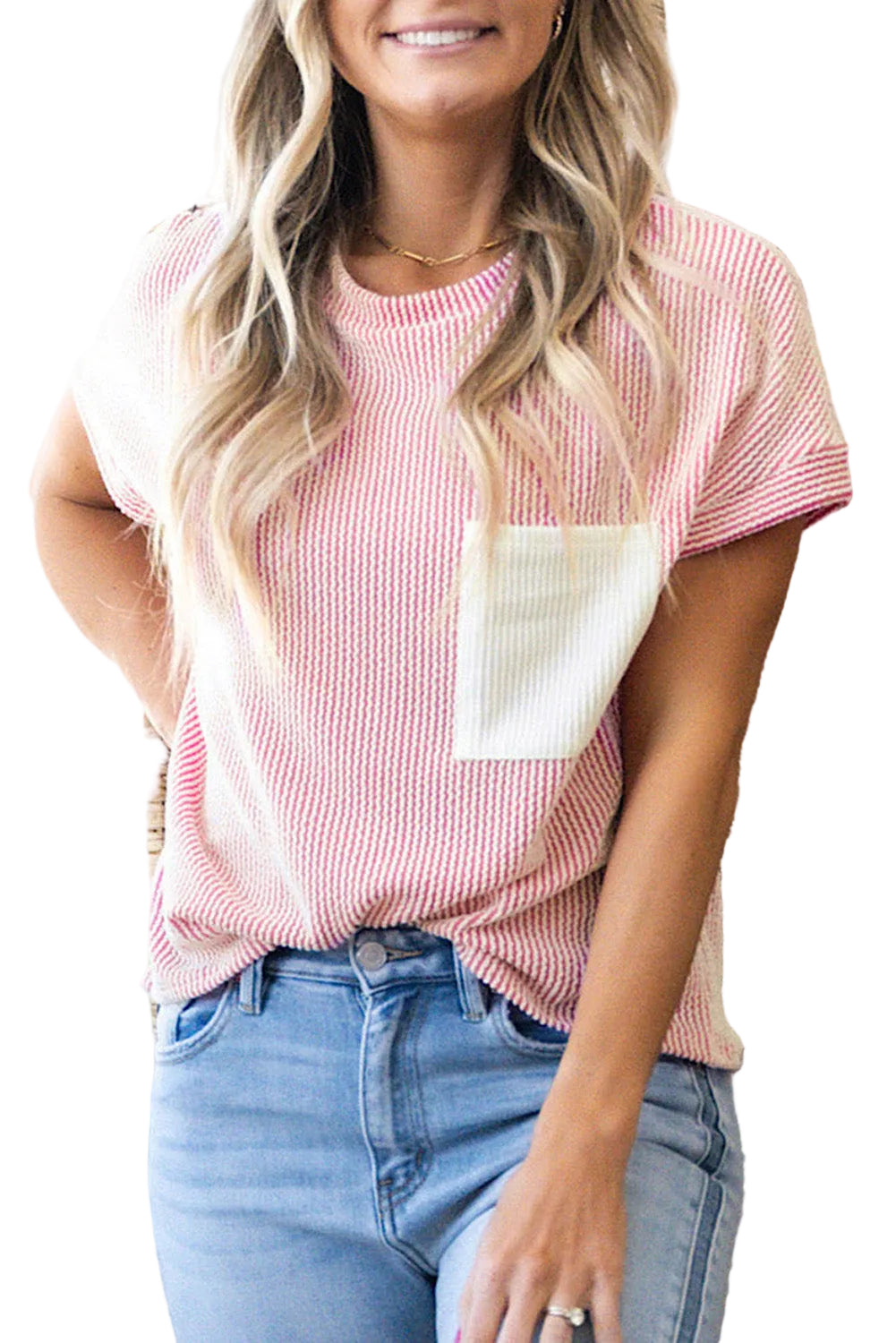 Pink Corded Knit Color Block Pocketed Crew Neck T Shirt