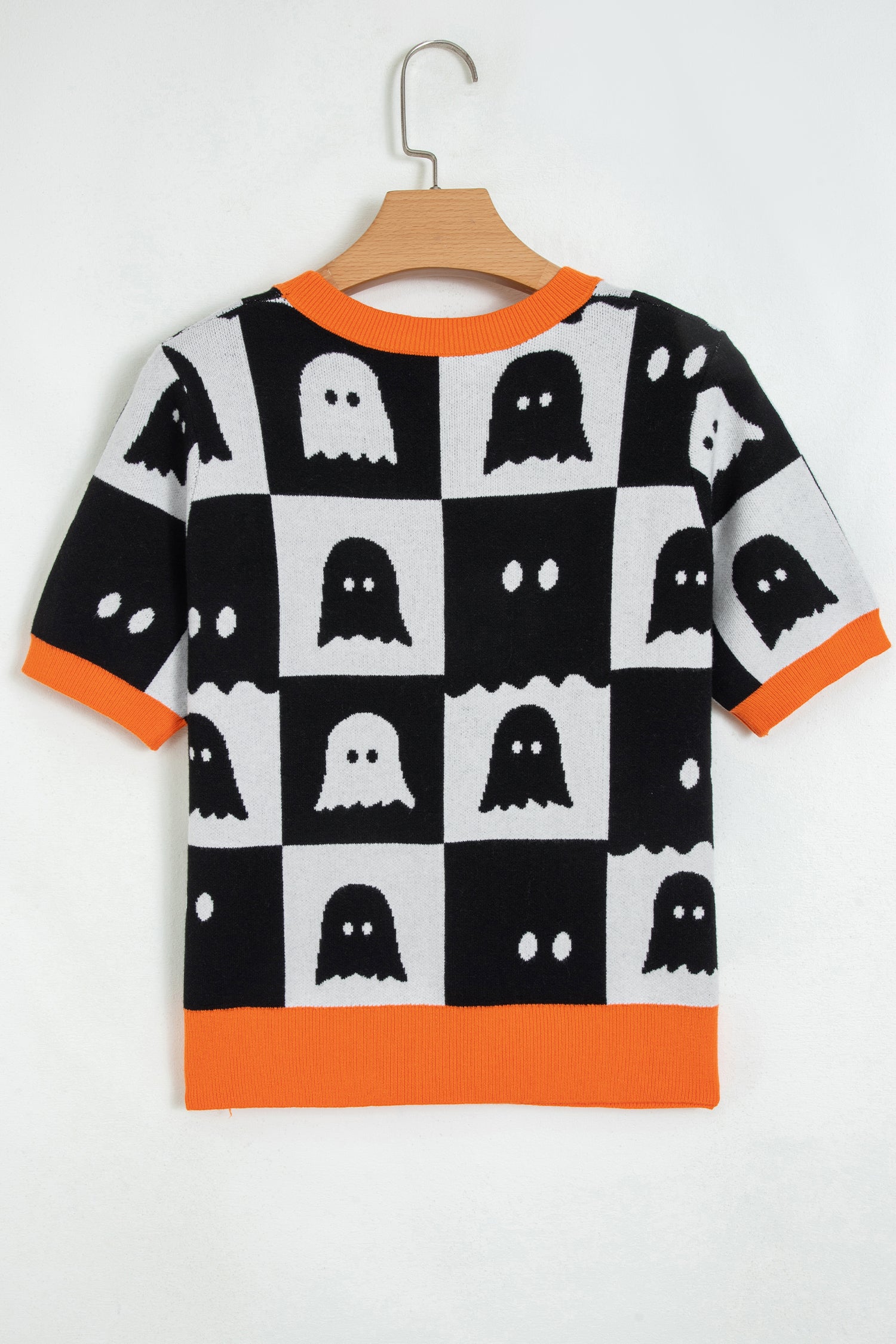 White Geometric Ghost Color Block Trim Short Sleeve Knit Sweater