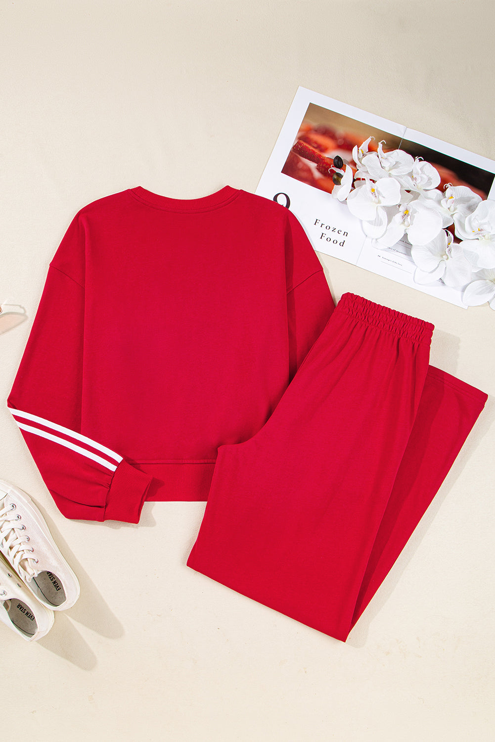 Fiery Red Varsity Striped Detail Cropped Pullover Wide Leg Pants 2pcs Outfit