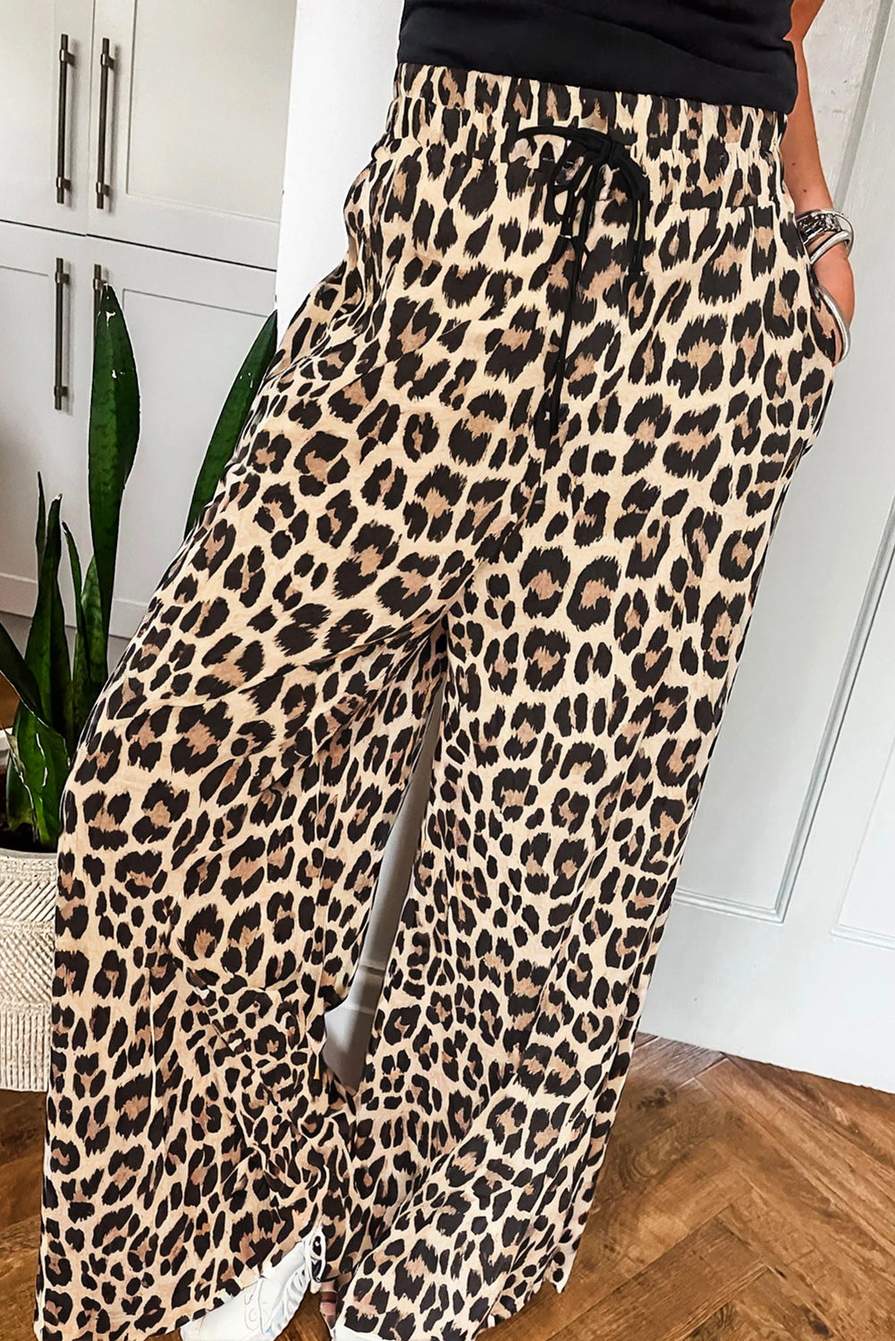 Parchment Leopard Drawstring Elastic Waistband Flowy Wide Leg Pants