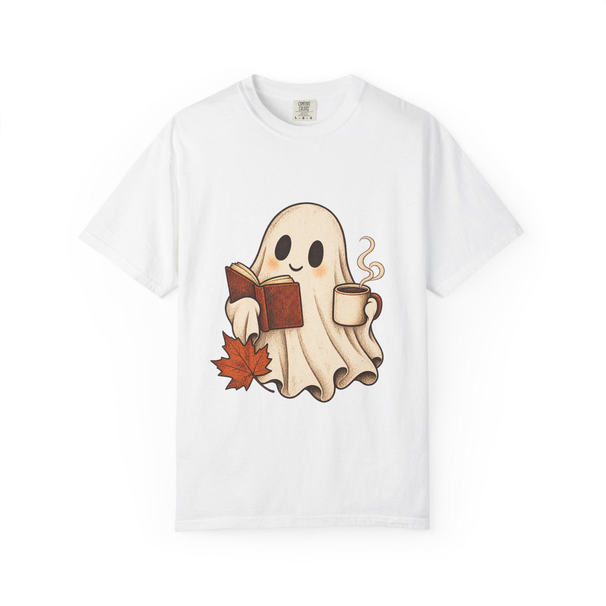 Antrezil Cozy Reading Ghost Illustration T-shirt | Autumn Book Coffee,