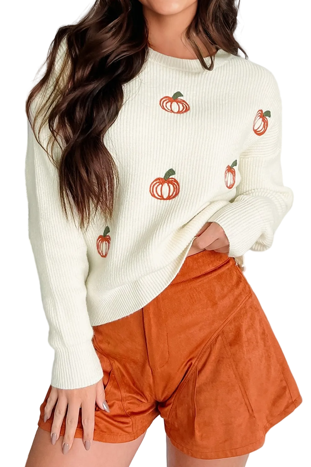 Beige Pumpkin Embroidered Ribbed Thanksgiving Halloween Holiday Sweater