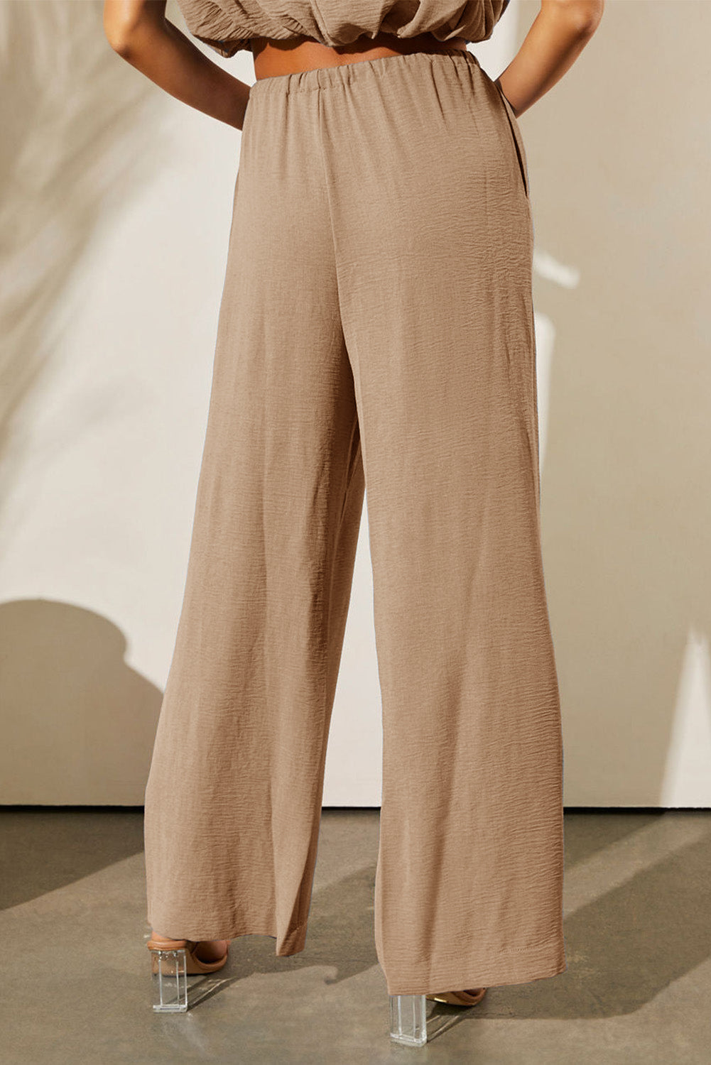 Pale Khaki Solid Color Keyhole Puffy Tank Drawstring Loose Pants 2pcs Outfit