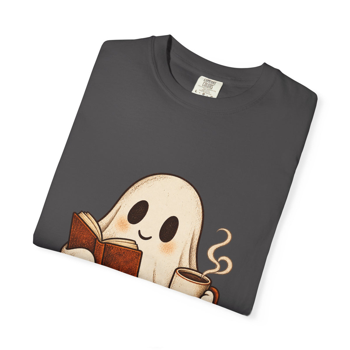 Antrezil Cozy Reading Ghost Illustration T-shirt | Autumn Book Coffee,