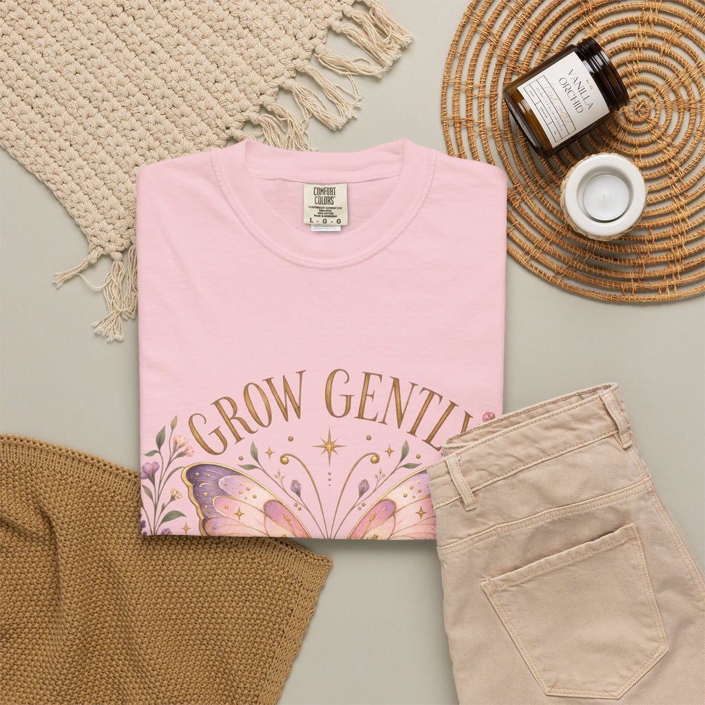 Grow Gently Bloom Brightly Butterfly Floral T-Shirt made-to-order Cotton