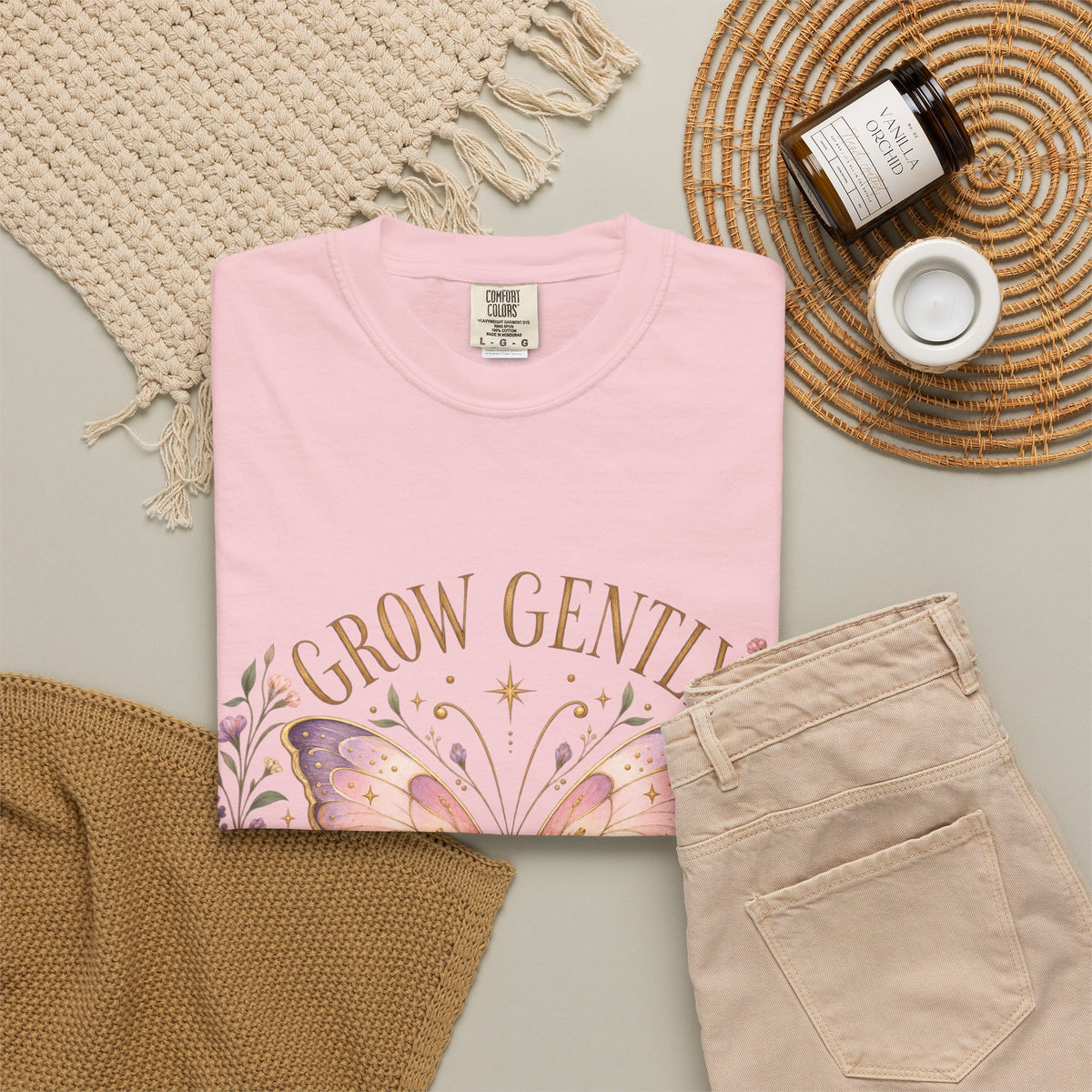 Grow Gently Bloom Brightly Butterfly Floral T-Shirt made-to-order Cotton