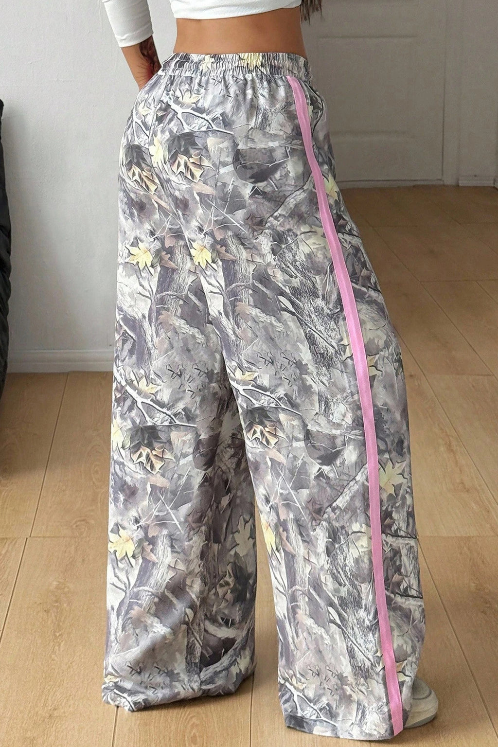 Gray Camo Woodland Print Color Block Detail Drawstring Wide Leg Sweatpants