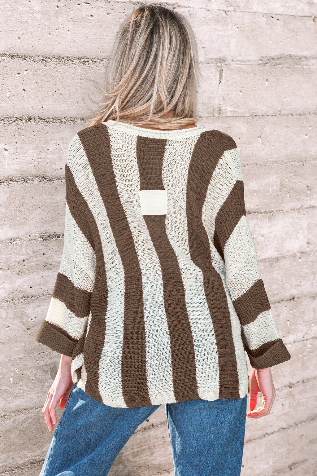 Red Stripe Colorblock V Neck Bracelet Sleeve Sweater