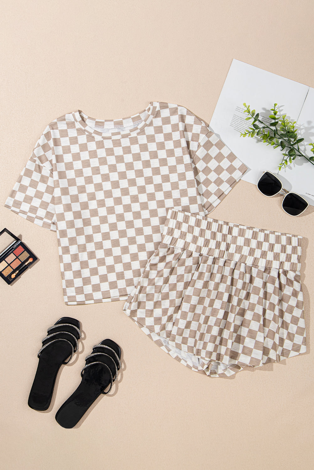 Brown Checkerboard T Shirt and High Waist Skort Set