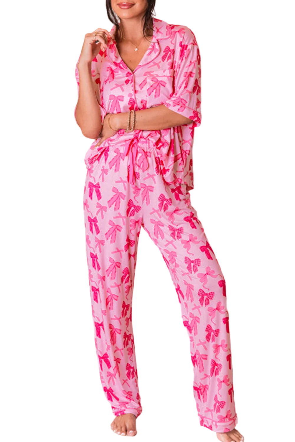Pink Bow Knot Print Lapel Collar Short Sleeve and Pants Pajamas Set