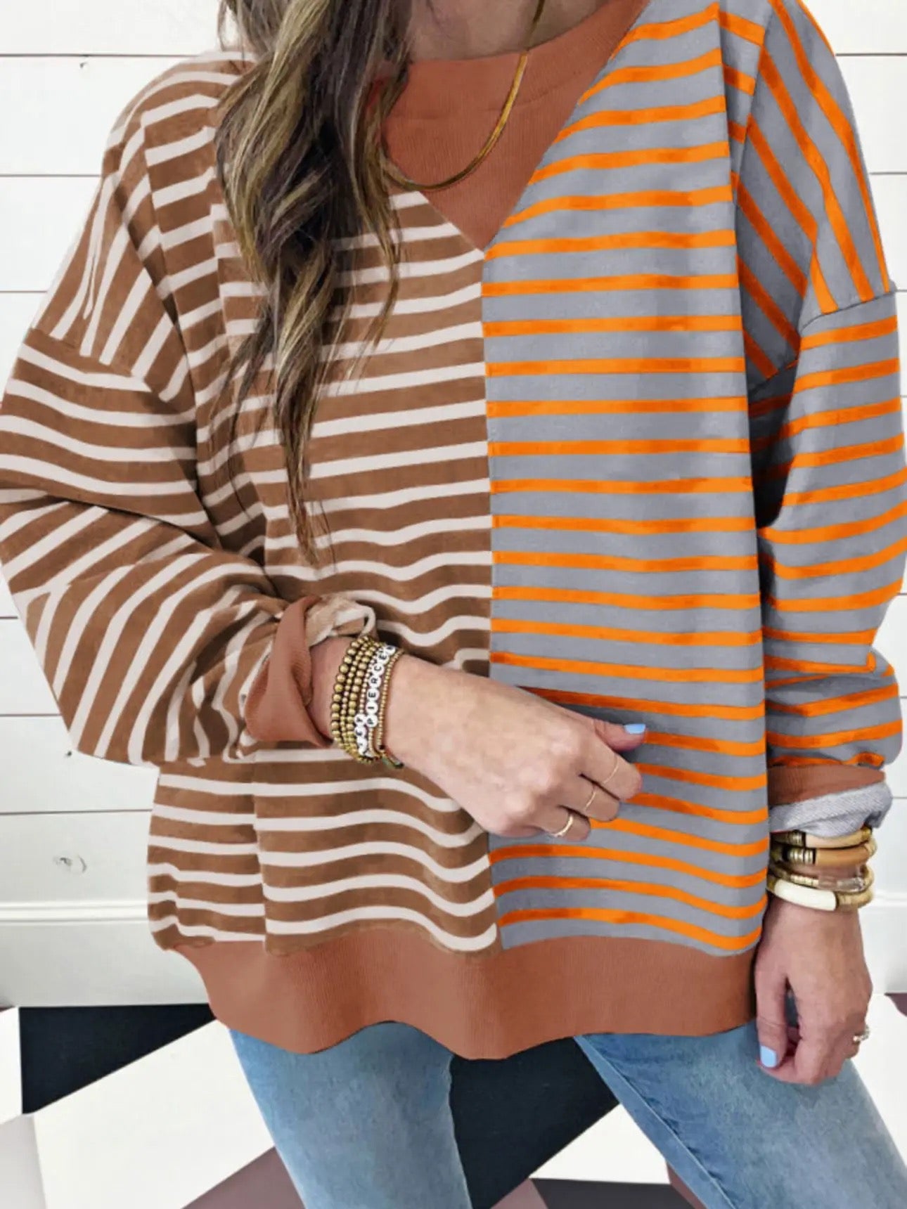 Brown stripe colorblock Drop Shoulder