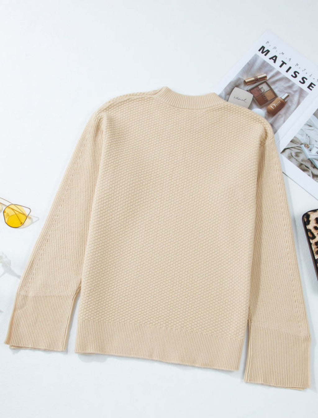 Parchment Solid Textured Knit Split Cuff Drop Shoulder Sweater Womenswear Loose Long Sleeve Casual Minimalist  Daily Wear