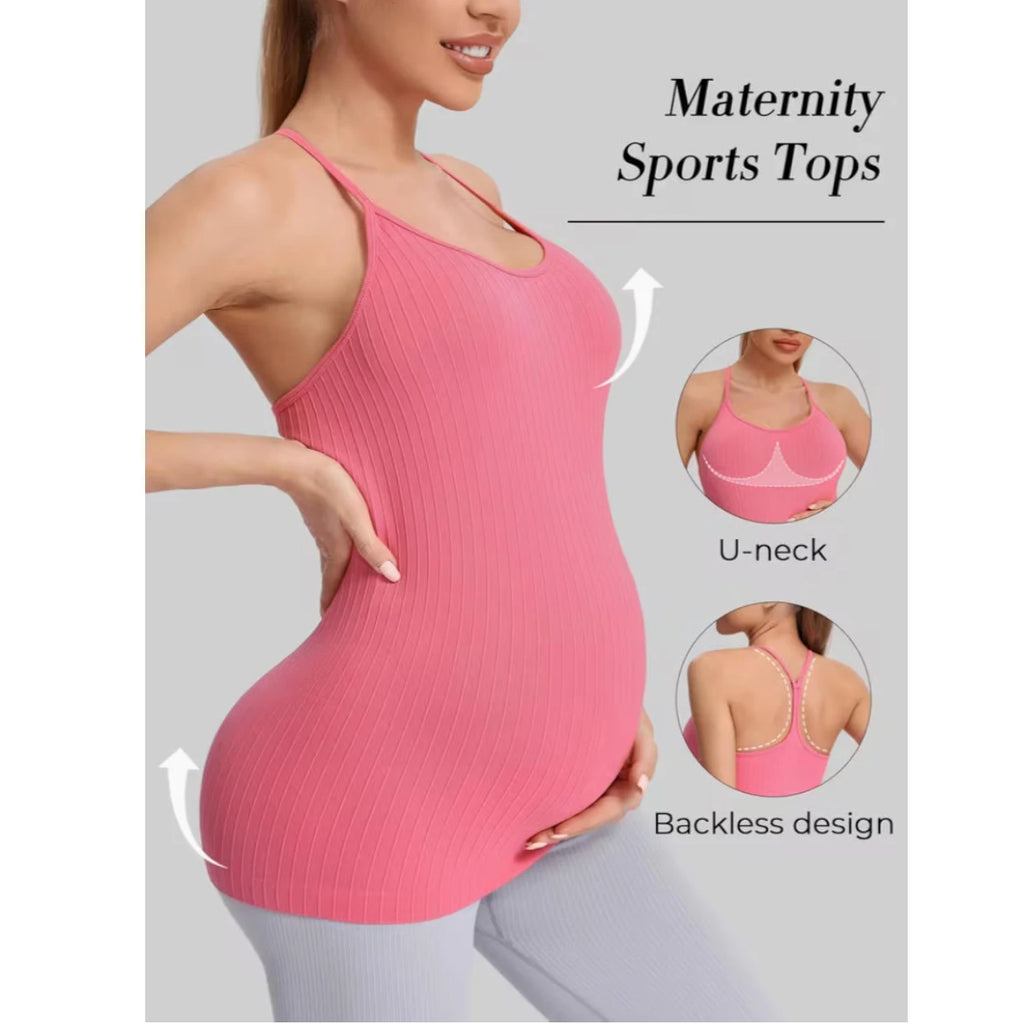 Women's Maternity Racerback Yoga Tank Tops Moisture-Wicking Sweat-Absorbing Quick-Dry Slim Fit Pregnancy Training Tops