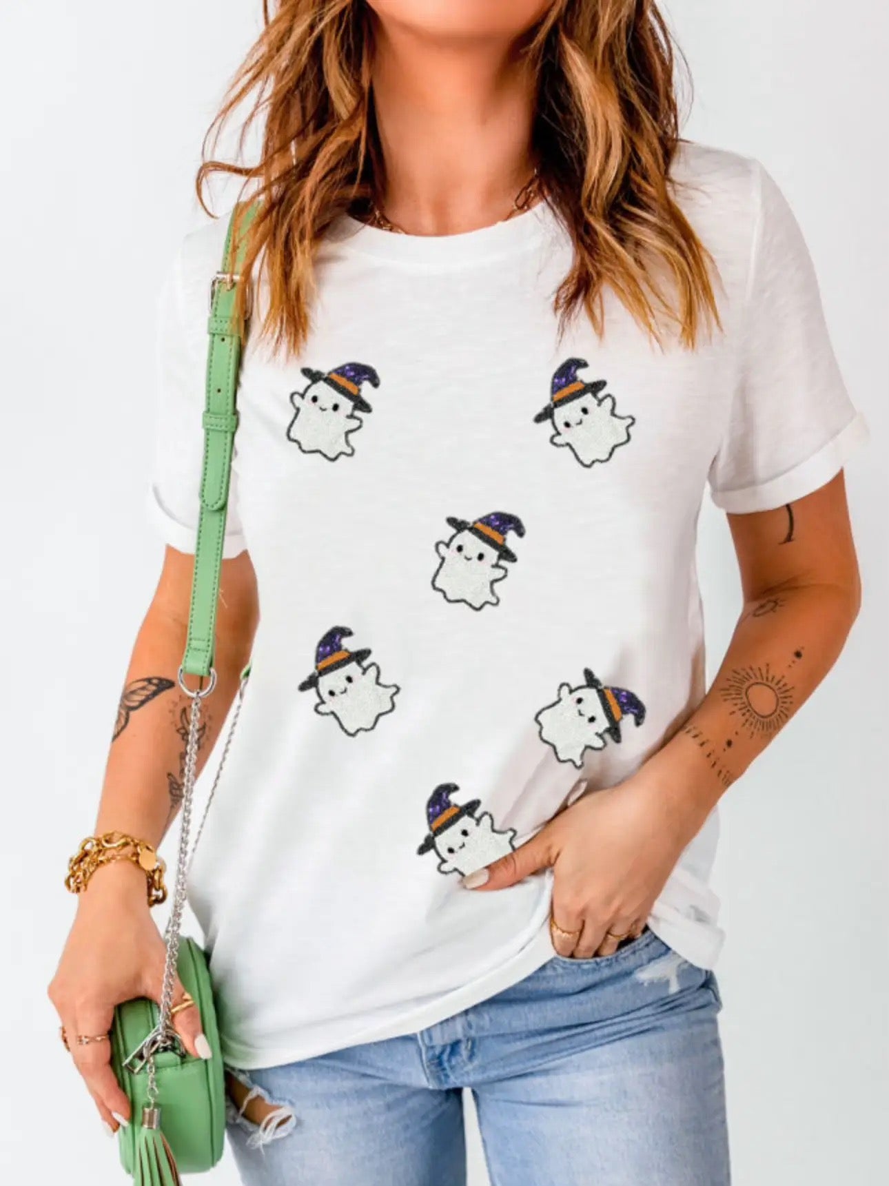 Halloween White T-Shirt with Sequined Ghost Witch Design Casual Short Sleeve Top for Halloween