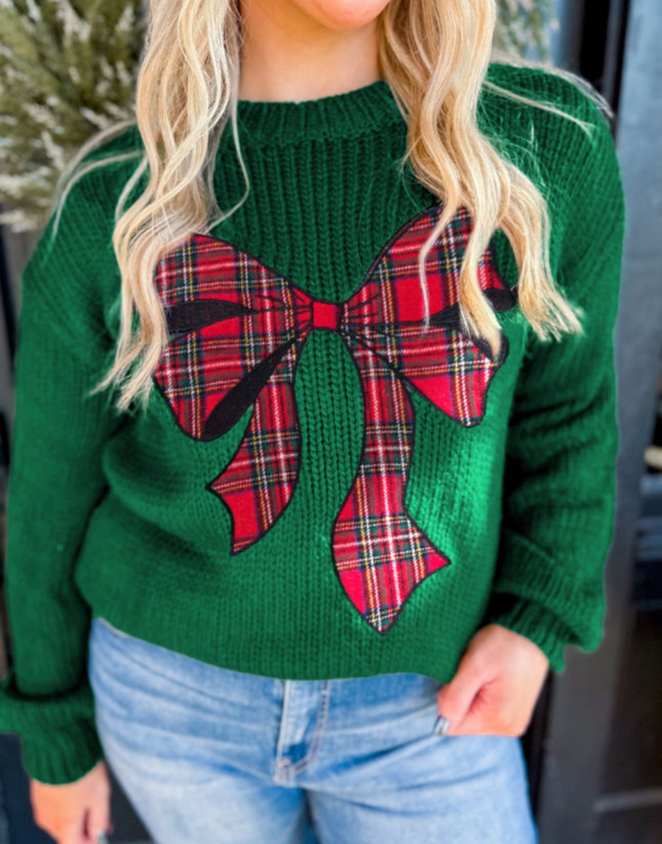 Evergreen Plaid Bow Design Christmas Sweater - Long Sleeve Casual Style  Winter & Christmas Day Women's Knitwear Tops Pullover Womenswear
