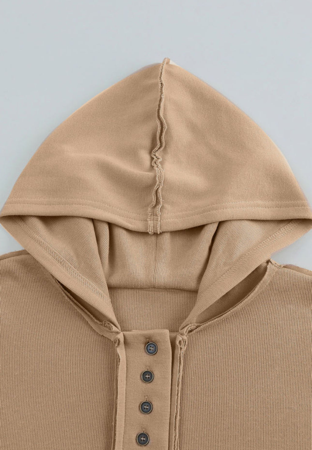 Khaki Casual Hoodie - Long Sleeve Button Seam Trim Solid Color Hooded Sweatshirt for Everyday Wear