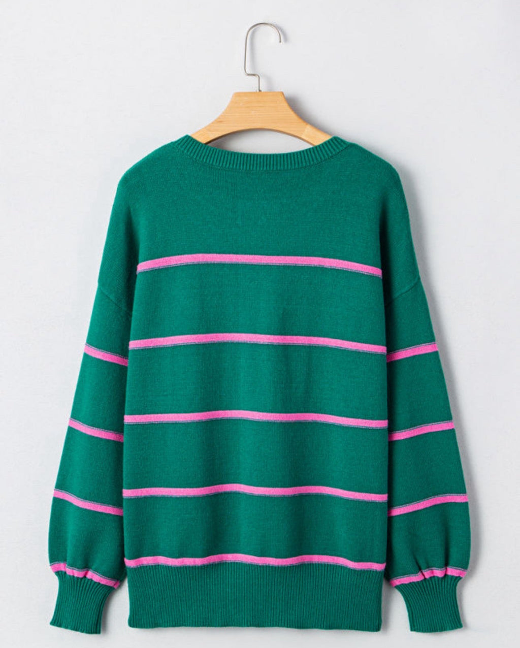 Green Striped Half Button Drop Shoulder Oversized Sweater - Long Sleeve, Cozy Fit, Round Neckline, Versatile Casual Wear