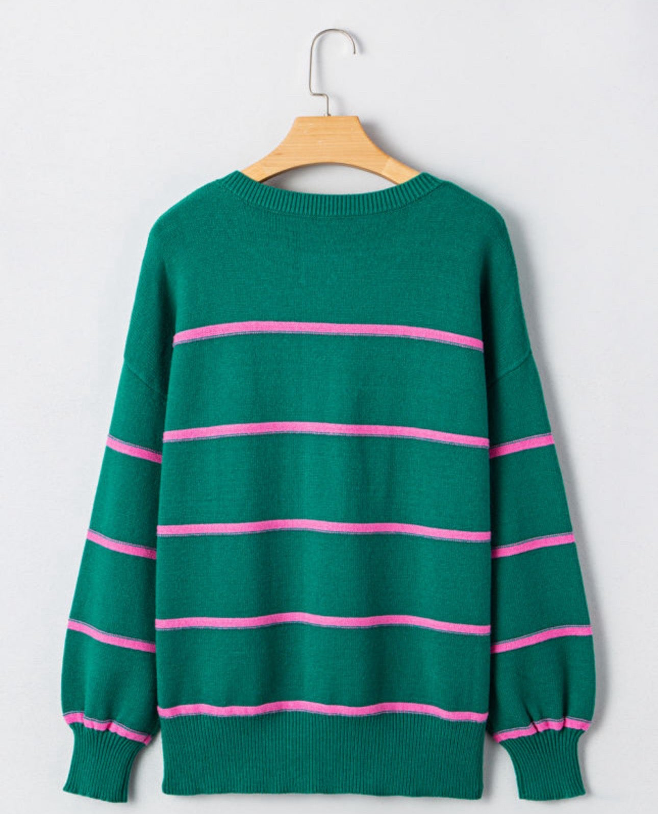 Green Striped Half Button Drop Shoulder Oversized Sweater - Long Sleeve, Cozy Fit, Round Neckline, Versatile Casual Wear