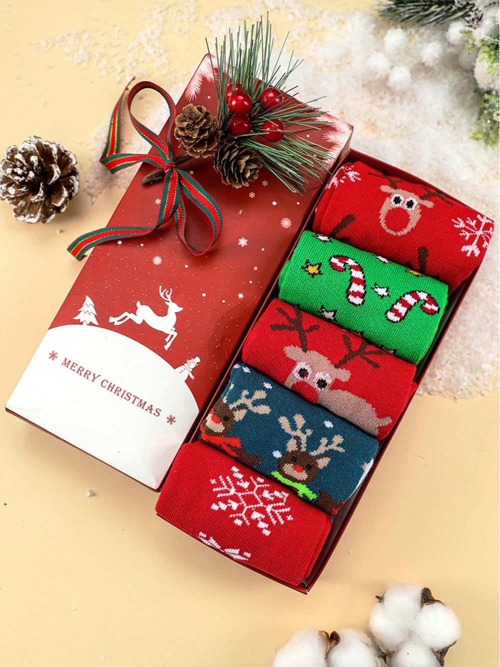 Christmas Socks Set 5 Pairs Cartoon Soft One Size Comfy Womenswear Gift Ideas Warm Holiday Season