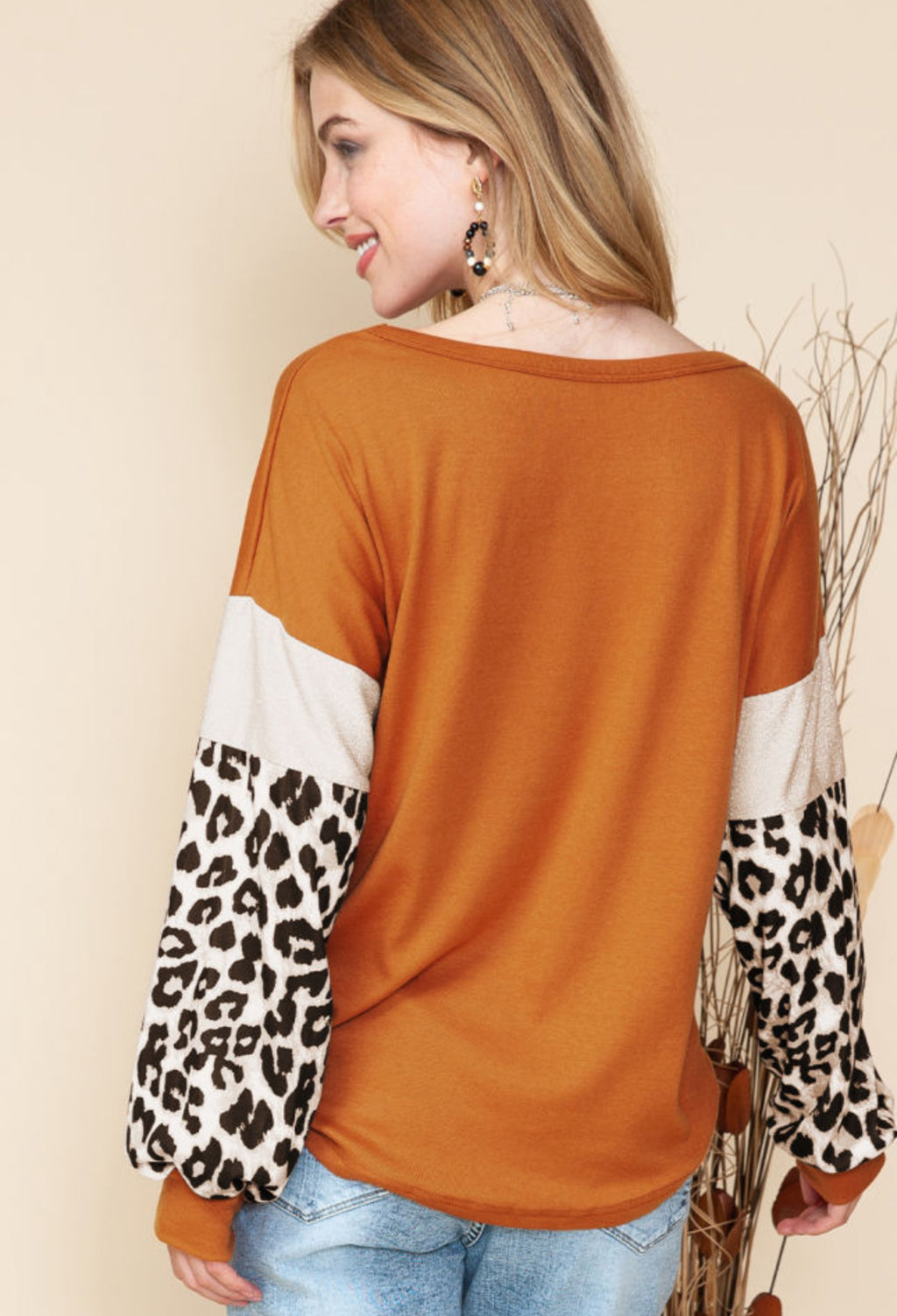 Brown Leopard and Glitter Patchwork Long Sleeve Top Womenswear Blouse Casual Daily Wear