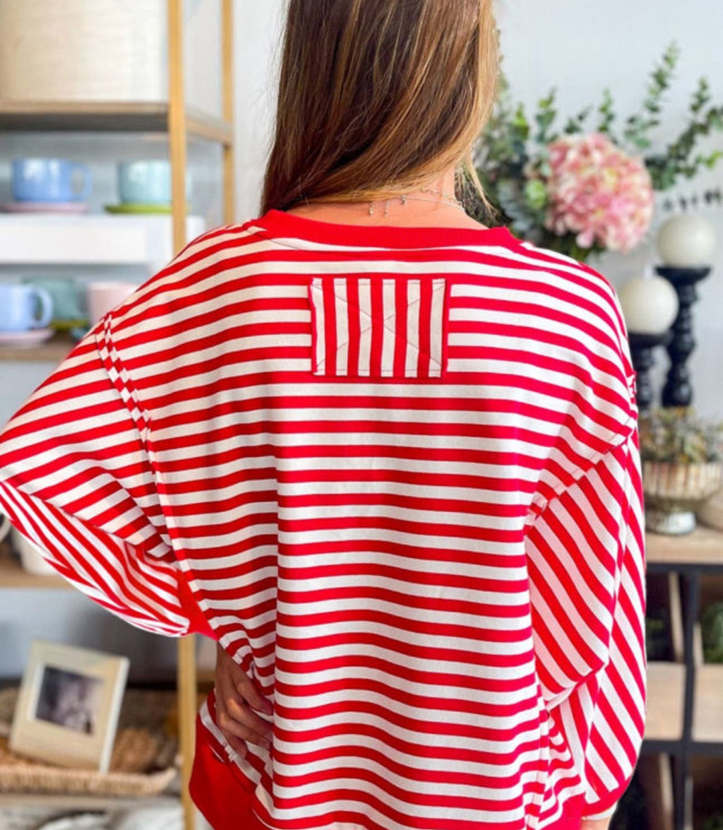 Red Striped Exposed Seam Drop Shoulder Long Sleeve Top Casual Blouses Womenswear