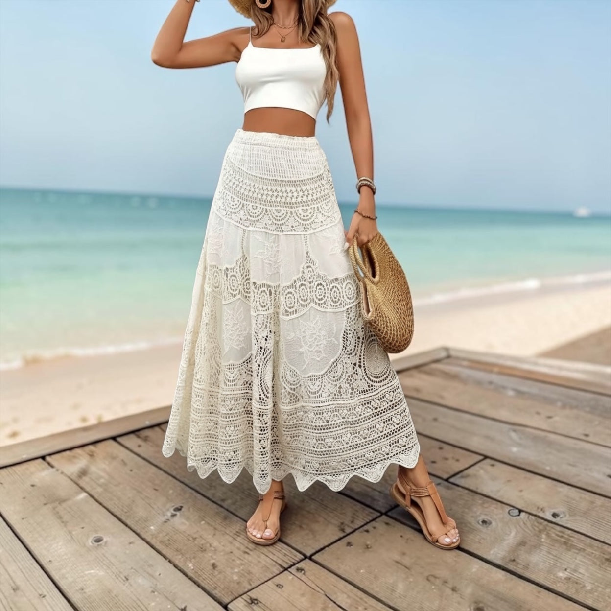 Women's Plain Hollow Out Skirt, Boho Fashion  Long Skirt for Beach, Ladies Bottoms