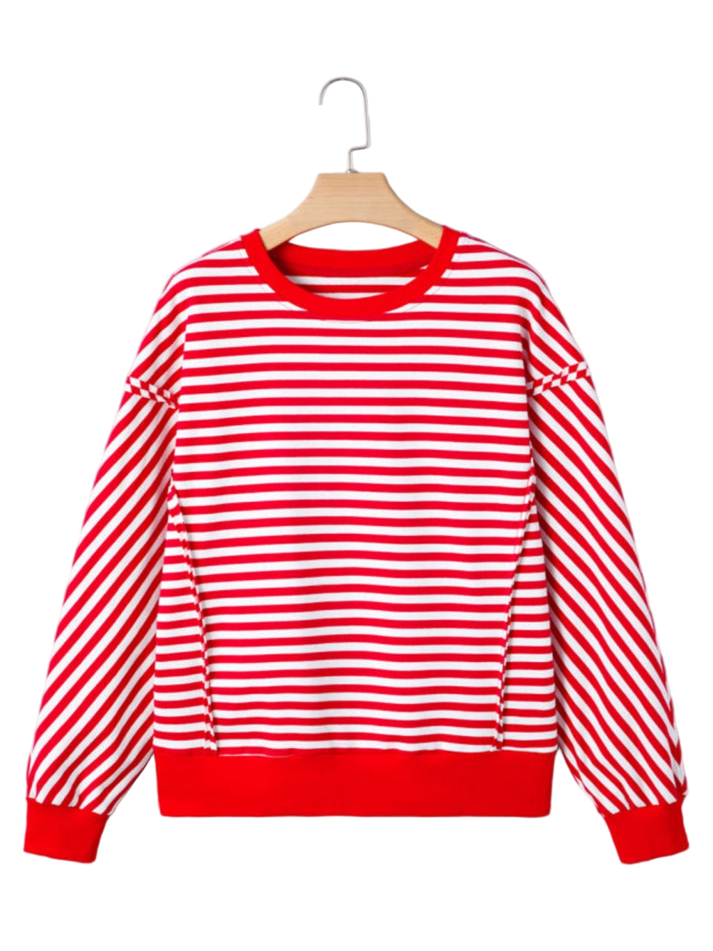 Red Striped Exposed Seam Drop Shoulder Long Sleeve Top Casual Blouses Womenswear