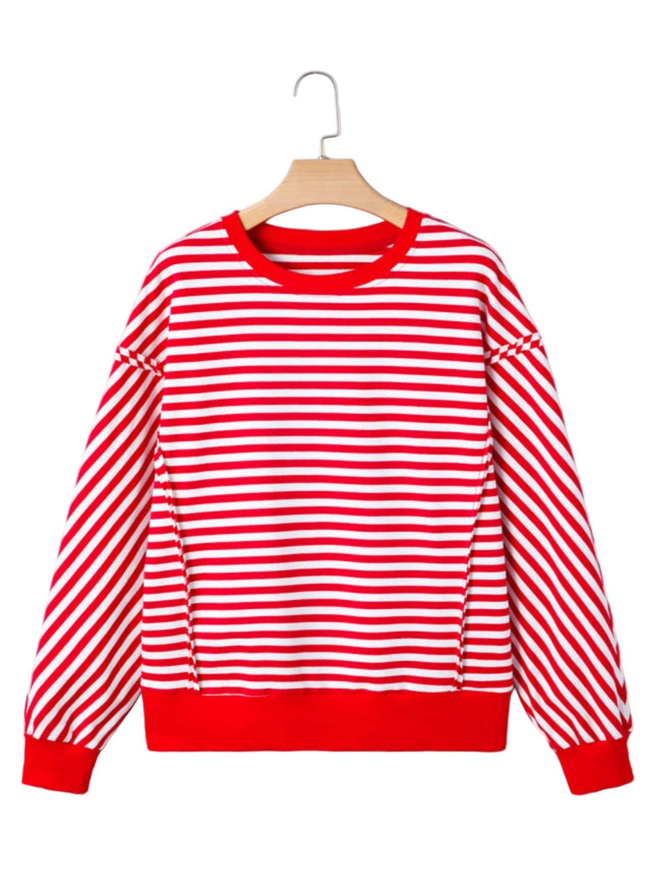 Red Striped Exposed Seam Drop Shoulder Long Sleeve Top Casual Blouses Womenswear