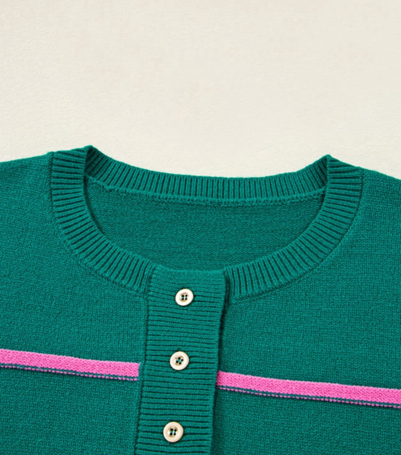 Green Striped Half Button Drop Shoulder Oversized Sweater - Long Sleeve, Cozy Fit, Round Neckline, Versatile Casual Wear