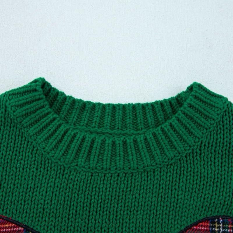 Evergreen Plaid Bow Design Christmas Sweater - Long Sleeve Casual Style  Winter & Christmas Day Women's Knitwear Tops Pullover Womenswear