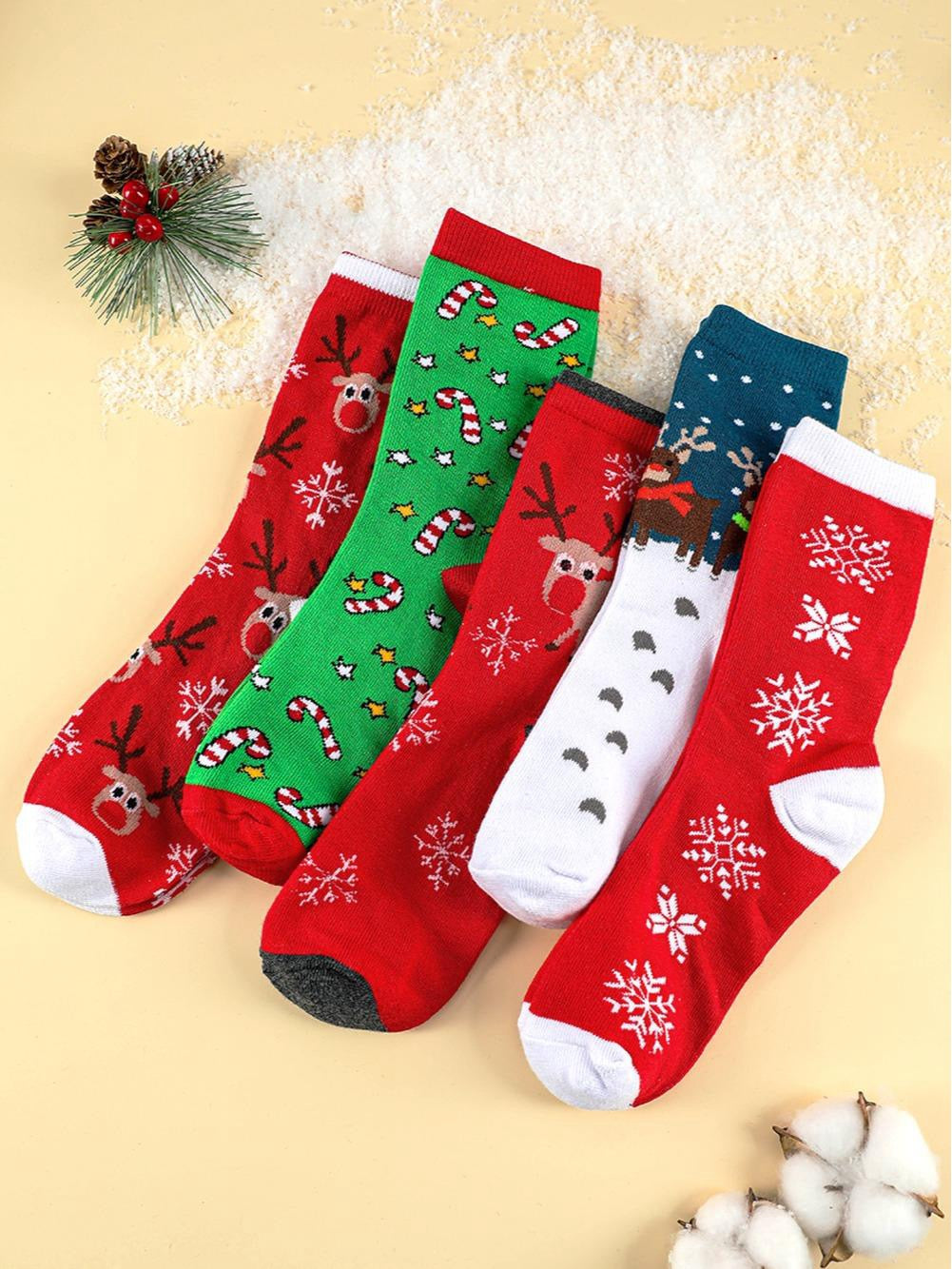 Christmas Socks Set 5 Pairs Cartoon Soft One Size Comfy Womenswear Gift Ideas Warm Holiday Season