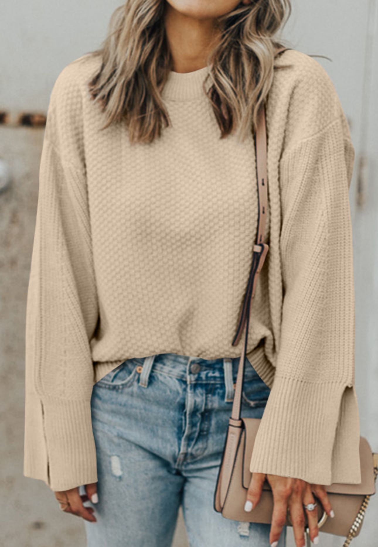 Parchment Solid Textured Knit Split Cuff Drop Shoulder Sweater Womenswear Loose Long Sleeve Casual Minimalist  Daily Wear