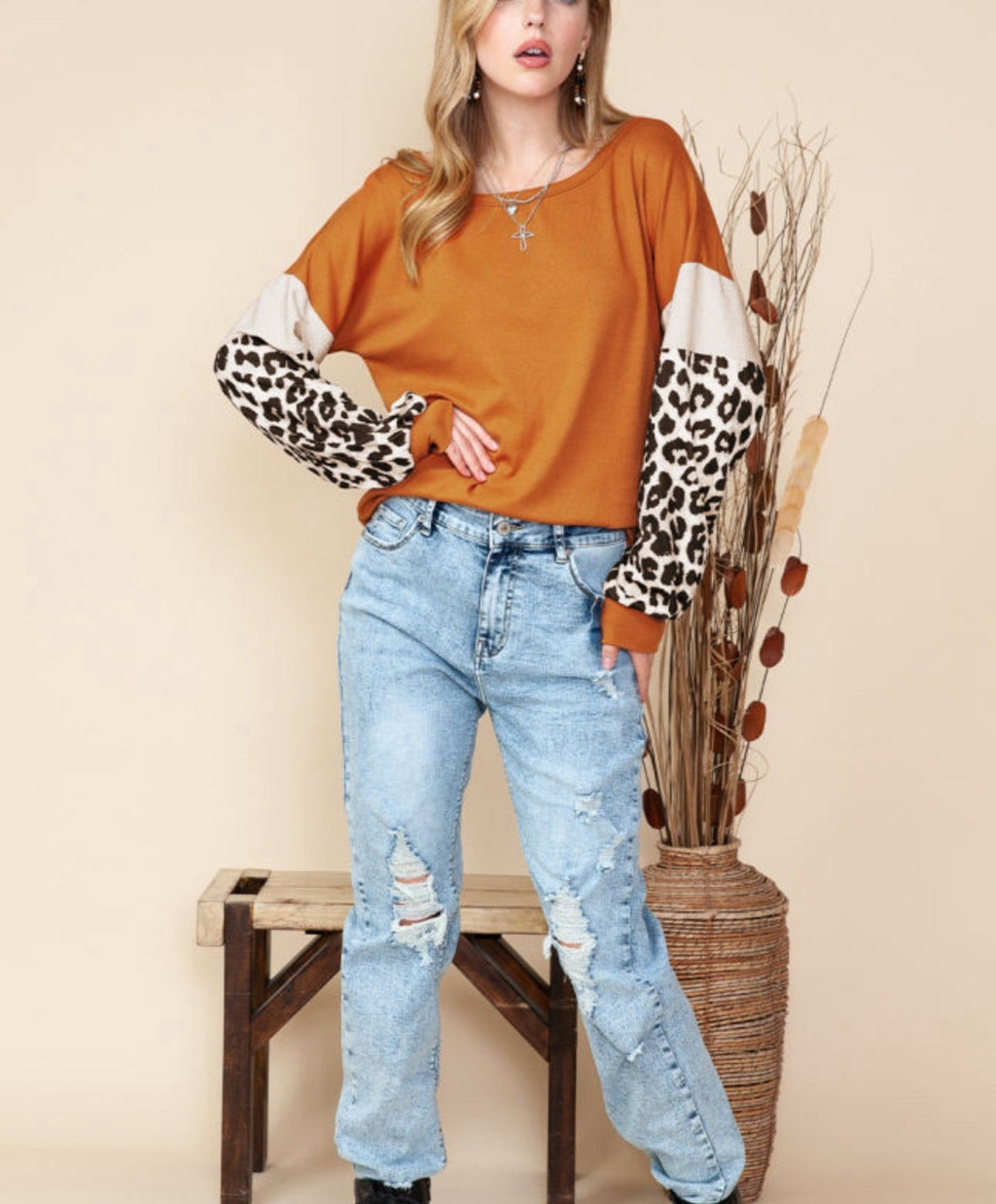 Brown Leopard and Glitter Patchwork Long Sleeve Top Womenswear Blouse Casual Daily Wear