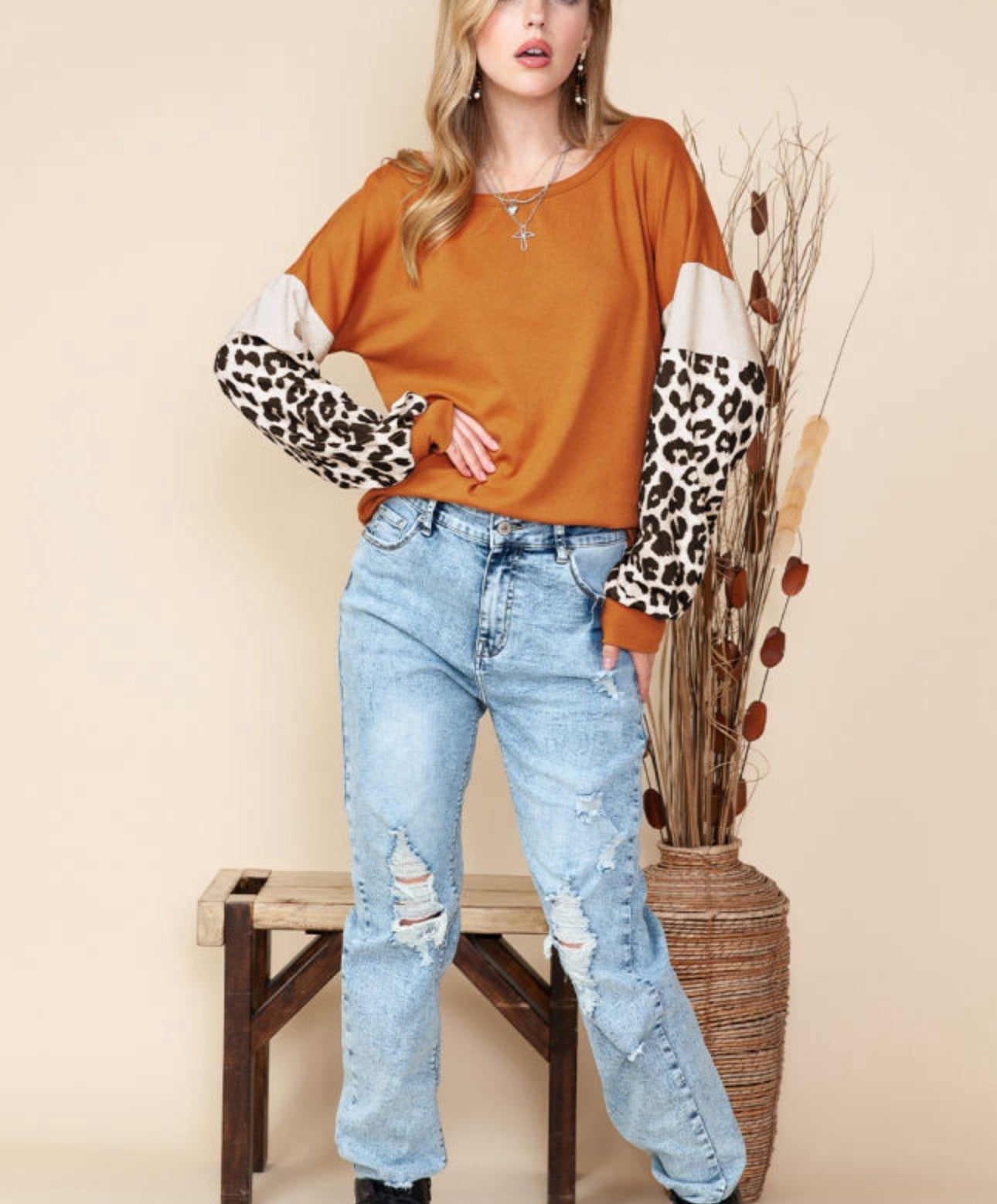 Brown Leopard and Glitter Patchwork Long Sleeve Top Womenswear Blouse Casual Daily Wear