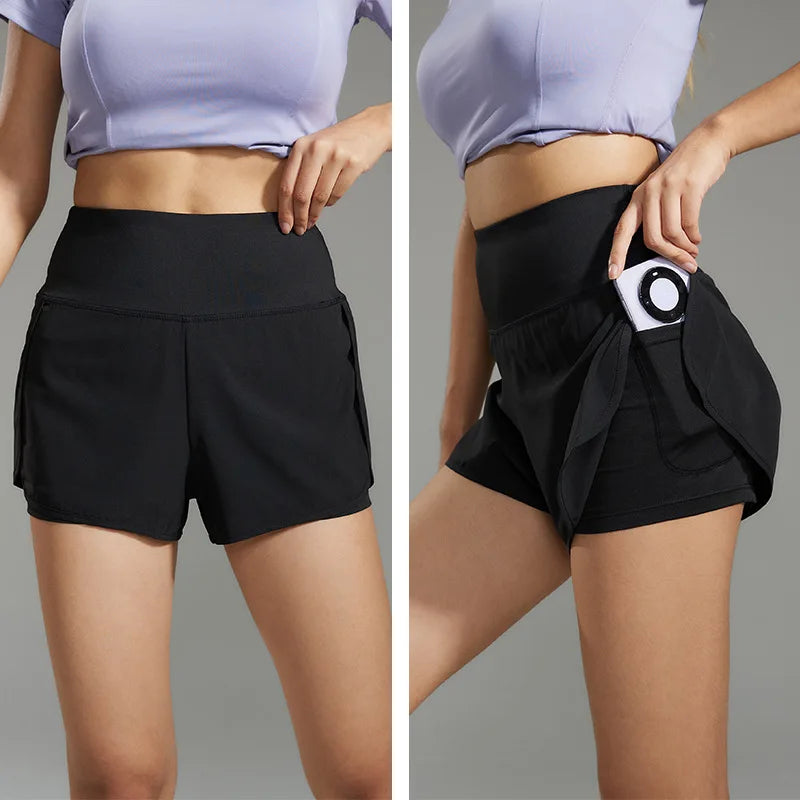 Women's Double-Layer Anti-Exposure Sports Shorts Lightweight Comfortable Quick Dry Yoga Workout Shorts with Back Zipper Pocket